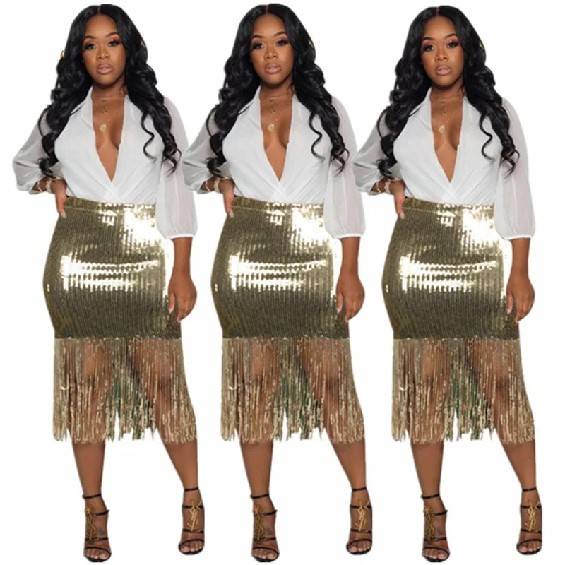 

2020 New Ladies Trendy Sequin Bandage Midi Skirt with Tassel Sexy Buttocks Mini Skirt Club Party