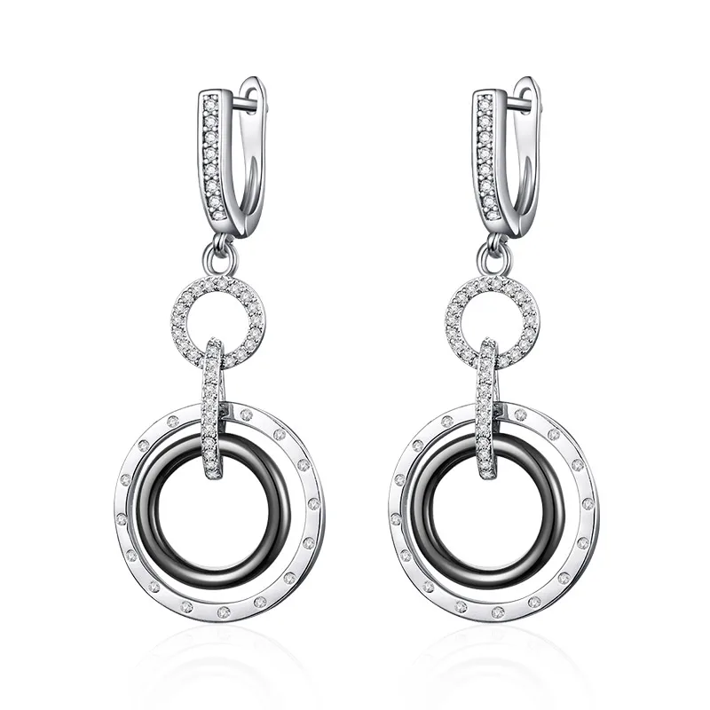 silver black MAIKALE, круглые керамические длинные серьги, кубический цирконий, медь, круг, золото, серебро, висячие серьги для женщин, трендовые ювелирные изделия, подарки - Окраска металла: silver black