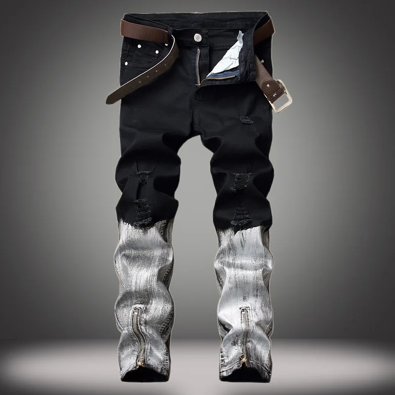 Новые брюки с золотой молнией рваная уличная одежда Мода Марка New Fashion Hi Street Для Мужчин's рваные лакированные джинсы джинсовые брюки Большой размер 40