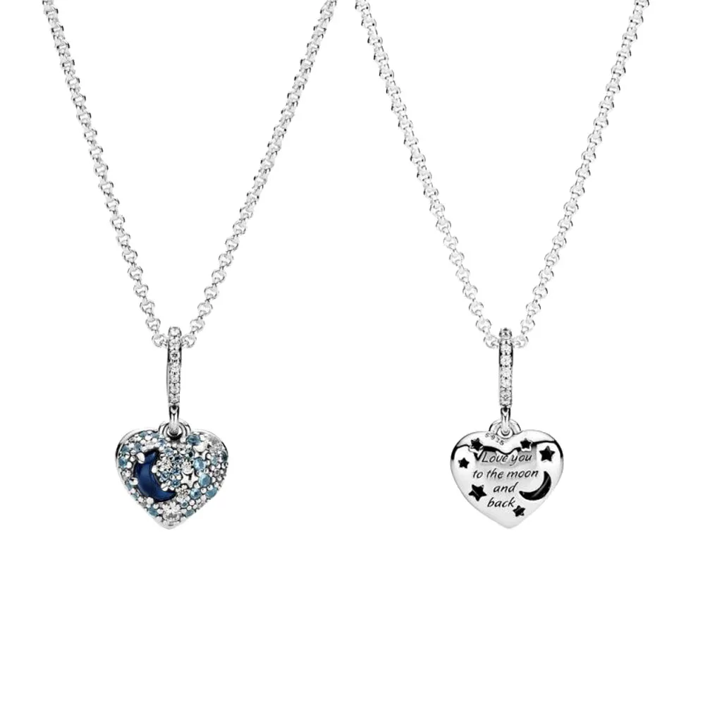 

925 Sterling Silver 2020 New Winter Blue Moon & Stars Heart Necklace For Women Brand Original Necklace Jewelry Gift