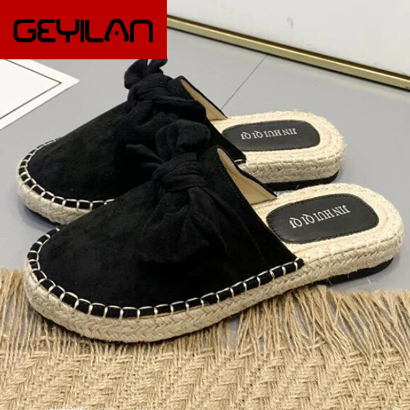 

Straw weaving fisherman shoes woman mules bowknot black slippers casual flats closed toe non-slip flip flops cloth lazy footwear