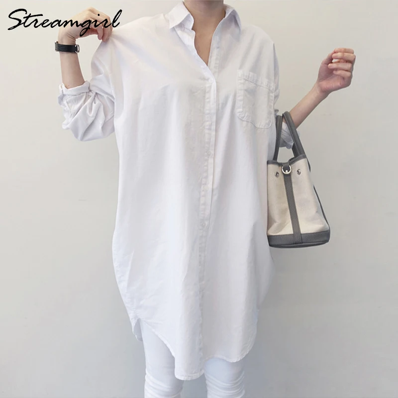 Streamgirl Women's Tunic White Shirt Oversize Woman Loose Long Sleeve Boyfriend Korean Clothes Women Office Blouse Shirt White