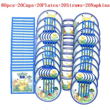 

50pcs/80pcs Disposable Cups Plate Straws Print cartoon pika Baby Shower Kid Birthday Straws Napkins Decoration Party Supply