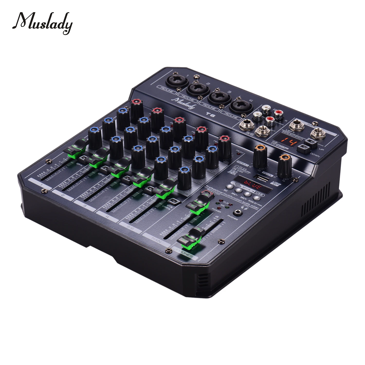 Muslady T6 Портативный 6-канальный звуковая карта микшерный пульт звукомикшер встроенный 48В поддерживает подключения BT DJ в прямом эфире