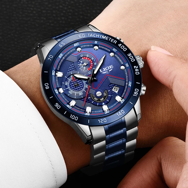 New Fashion Men Watch Lige Top Brand Analogue Clock Stainless Steel Waterproof Luminous Sports-5