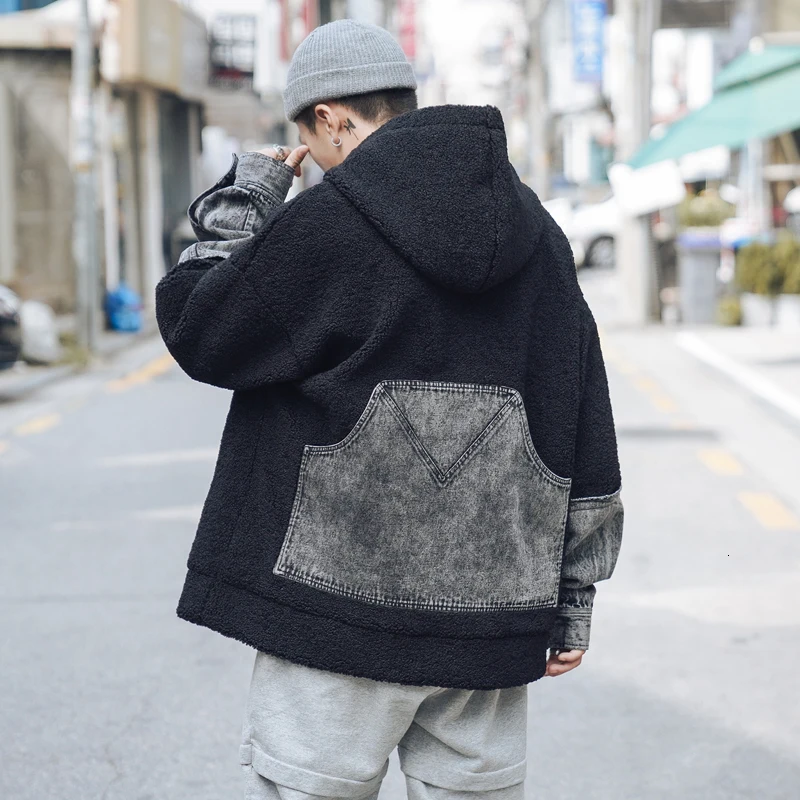 

Winter Pullover Jacket Men's Warm Thick Parka Men Fashion Denim Stitching Casual Hooded Coat Man Loose Cotton Outwear Male