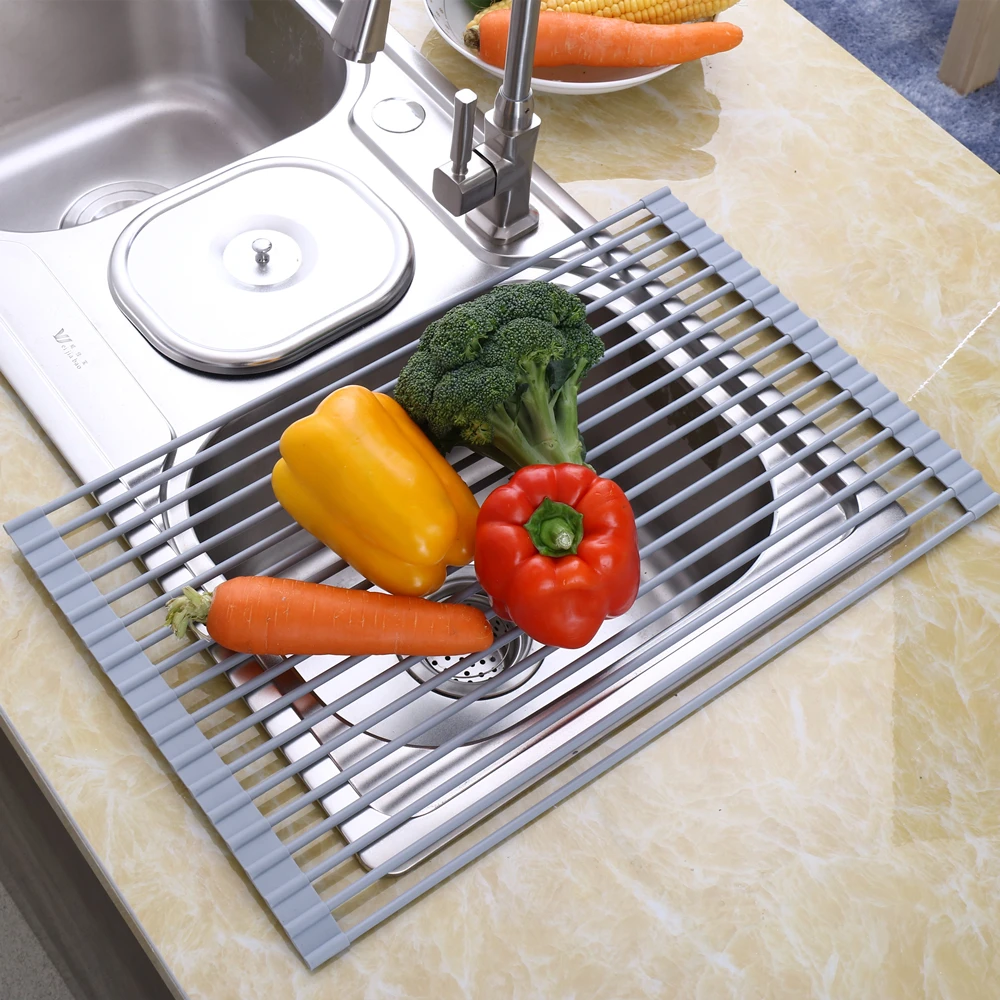 

Steel with Silicone Cover Dish Drying Rack over Sink Vegetable Fruit Drainer Tableware Draining Container Kitchen Organizer