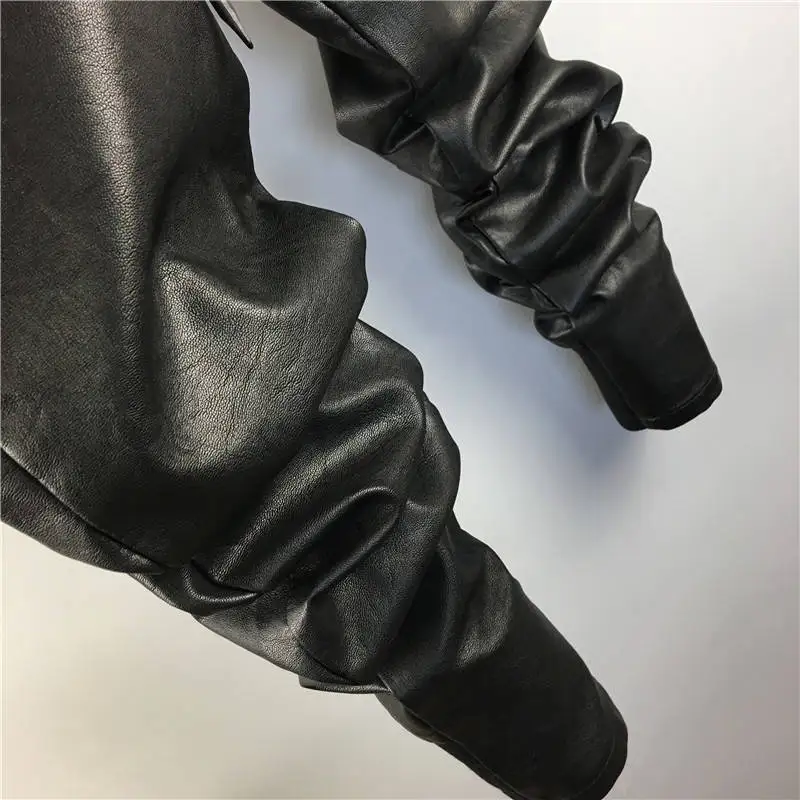 Idopy Men's Winter Faux Leather Harem Pants Elastic Waist Drawstring PU Joggings Trousers For Male men jogger pants men harem pants men jogger sweatpants