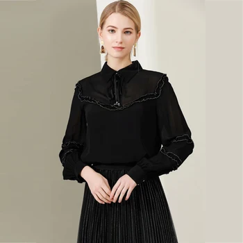 

Xiaomoli Black long sleeve shirt collar with ruffle and mesh Classic Shirt Top 2020 new women's wear