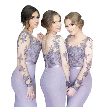 

Lace Appliquce Illusion Bridesmaid Dresses Long Mermaid Formal Wedding Bridesmaid with Sleeve Wedding Guest Dress Plus Size