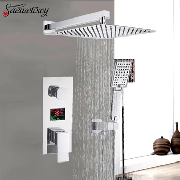 

8/10/12/16inch Chrome Bathroom Temperature Display Led Shower Faucet Set Rain Tap TWO-Ways Silent Faucett Torneira do banheiro