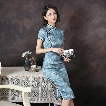 

Classic Elegant Print Blue Cheongsam Vintage Traditional Chinese Women Qipao Sexy Slim Tight Hight Split Vestidos Plus Size