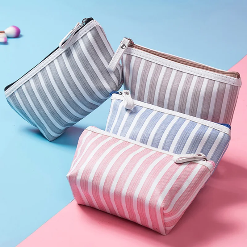 Women Canvas Cosmetic Bag Women Make Up Bags Striped Printed Travel Toiletry Organizer Makeup Case Portable Pouch Bag