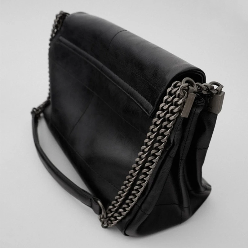 Women Vintage Black Rock Style Flap Single Shoulder Bag with Chain