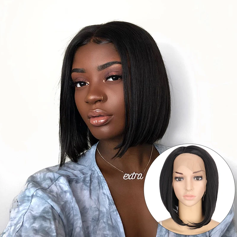 

DIANQI 11"Bob Short Wig Synthetic Side Part Lace Front Wig Straight Bob with tail curls Short Hair black golden Wig for women