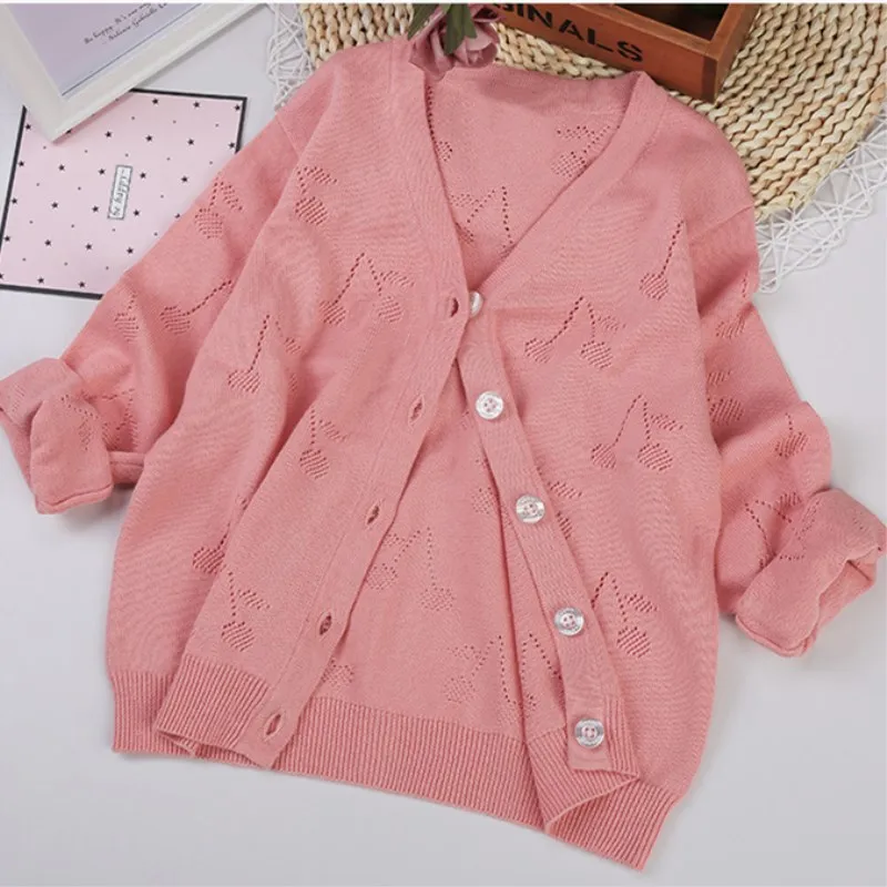 BP стиль весна-осень синий и розовый Вишневый кардиган шерстяное пальто для маленьких девочек Детские вязаные свитера трикотажное пальто
