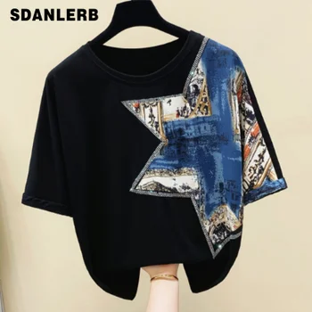

Printed Stitching Hot Drilling Design Short Sleeve Round Neck Cotton Tshirt Women's 2020 Summer Loose Contrasting Color T-shirt