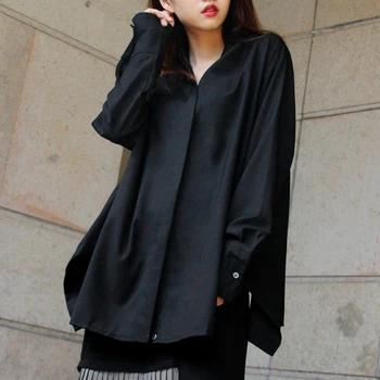

2020 Women Spring Autumn New Style Black Shirts Casual Loose Slim Round Neck Long Sleeve Single Breasted Blouse Fashion Tide