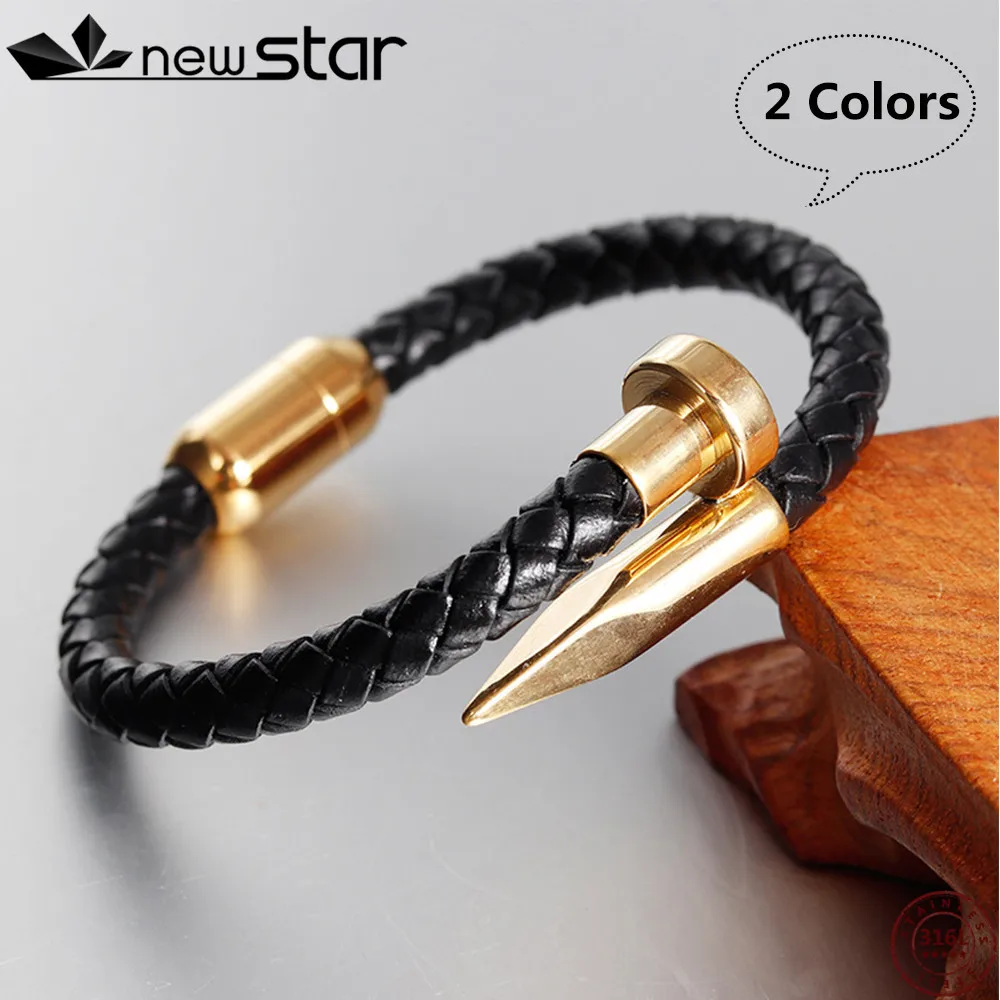 

New Genuine Leather Bracelet for Men Women Nail Design Stainless Steel Magnetic Clasp Braid Rope Chain charm bracelets for women