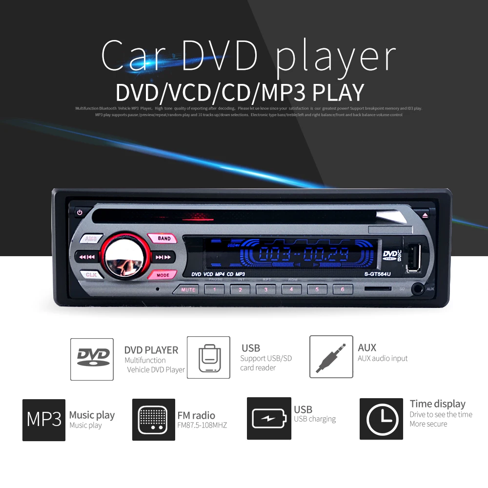 

Universal Car DVD/VCD/CD MP3 Player Supprt USB U Disk/SD Card /AUX input Music Player Stereo FM Radio USB 5V Charging Auto Parts