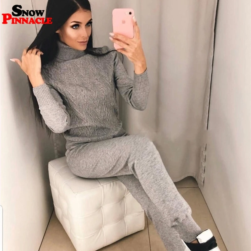 Women sweater suits Knitted tracksuit Autumn winter turtleneck pullovers+ long pants for female knitted customs sets