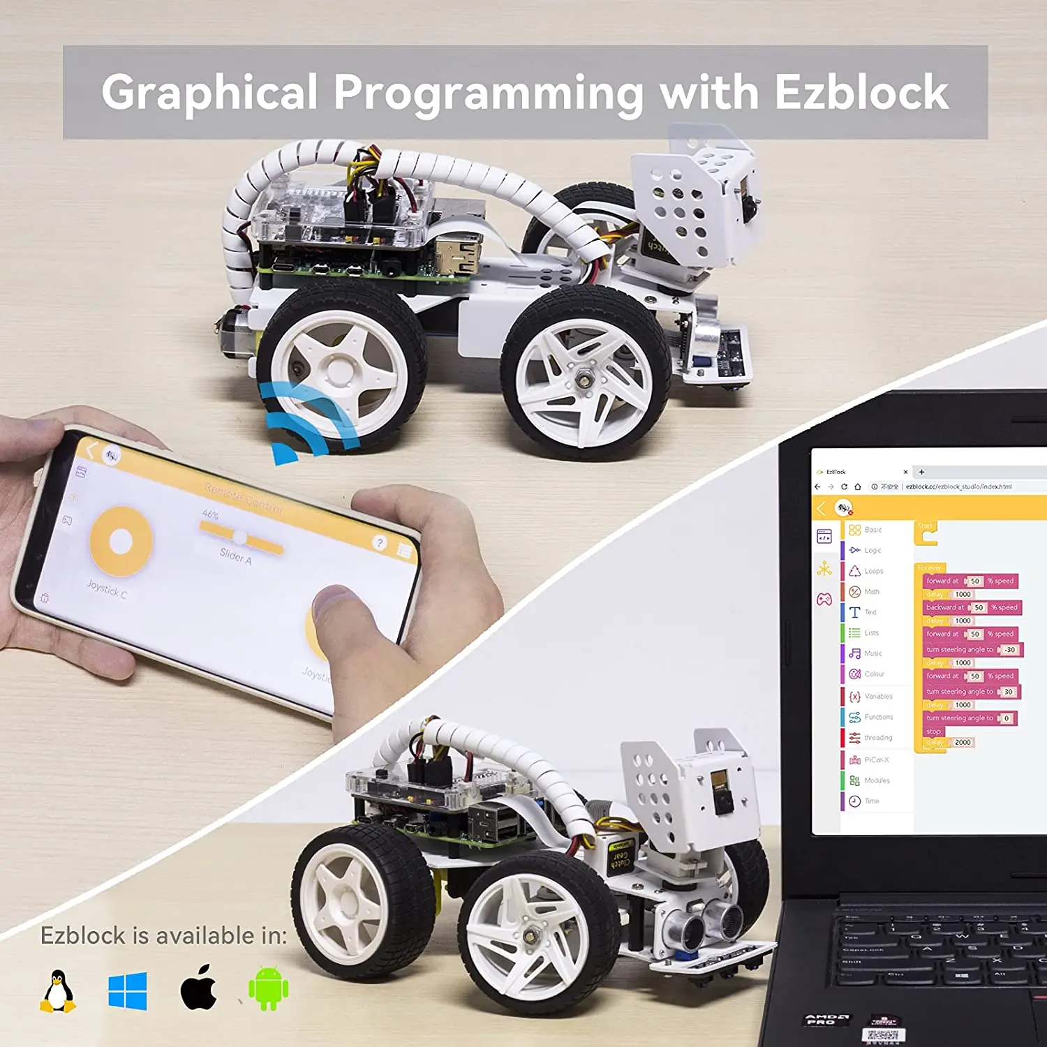 SunFounder Raspberry Pi Smart Video Robot Car Kit for Raspberry Pi, Supports Ezblock/Python Code Control and Web Control