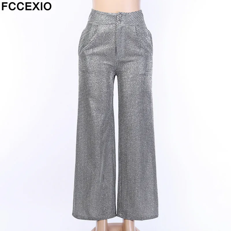 FCCEXIO, серебристые, с высокой талией, широкие штаны для женщин, весна, лето, новые брюки, сексуальные, элегантные, низ, свободные штаны, модная Клубная одежда