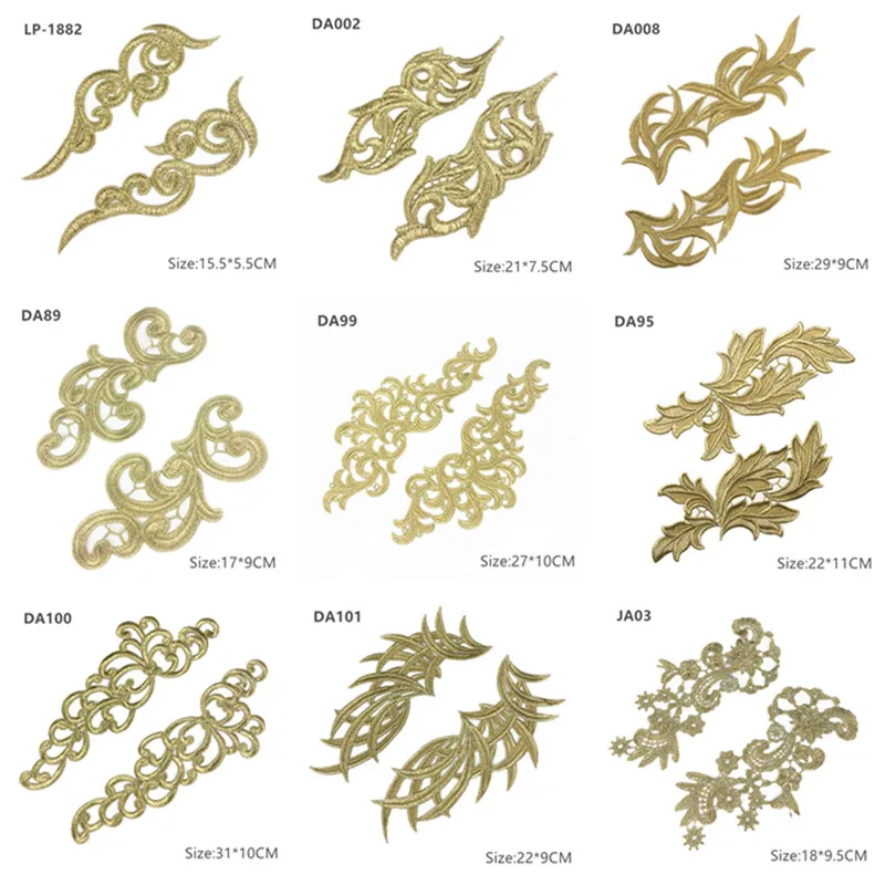 Mirror Pair Embroidered patches Golden Guipure Lace Sewing lace for dress Applique DIY Bridal Headdres Lace Collar JA104