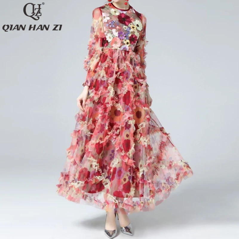 

QHZ designer fashion runway maxi dress Long sleeve retro Mesh flower print Slim elegant ruffles applique Long dress Women Summer