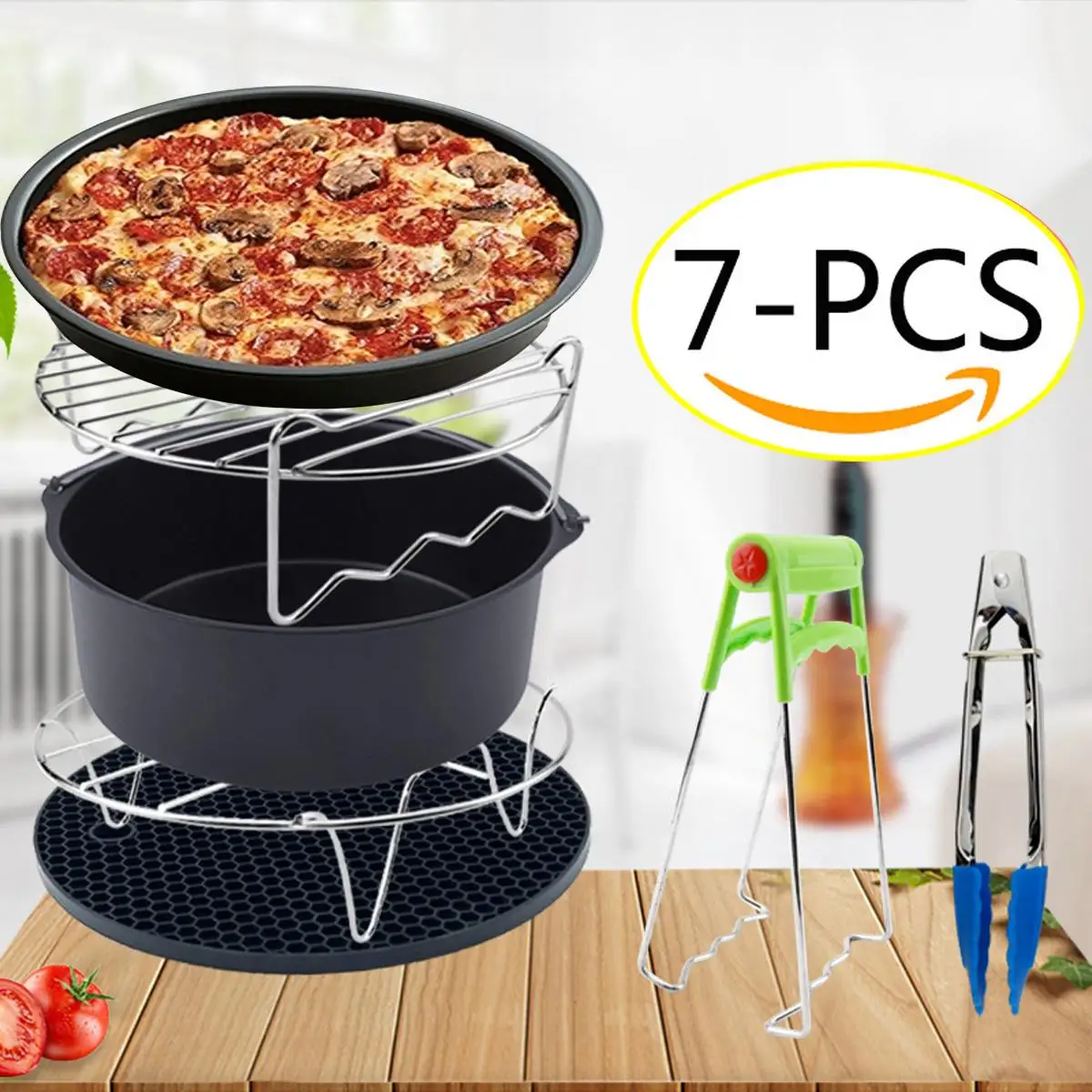 

7PCS Multifunction Air Fryer Accessories Cooking Fit all Airfryer For 3.7QT-5.3QT Food Dish Plate Food Clip Pan Cake Barrel Mat