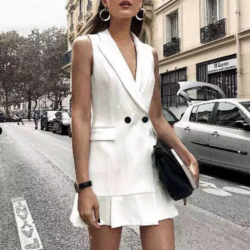 

Women V-neck White Dress Slim Sleeveless Ruffle A-line Party Dress Blazer Office Ladies Fashtion Short Dress Vestidos
