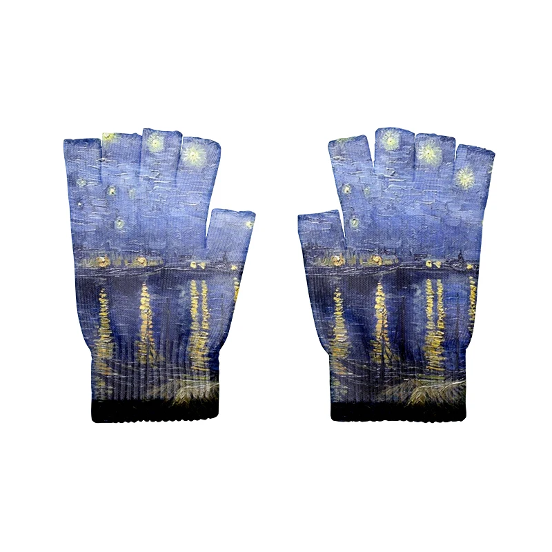 Van Gogh Oil Painting Half Finger Gloves Warm Women Knitted Fingerless Gloves Work Sports Non-Slip Sunflower Starry Night Gloves