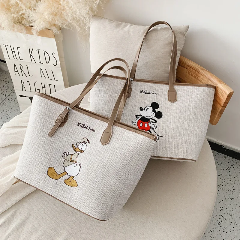 Bolso de lona de alta capacidad para mujer, bolsa de mano Minnie de Disney de lona con estampado de dibujos animados de Mickey