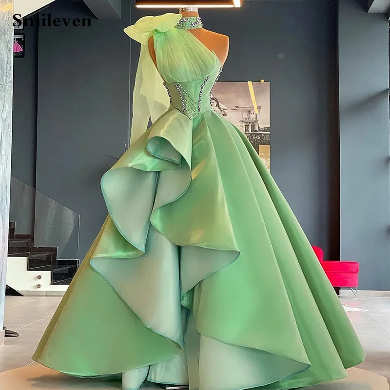 

Smileven Light Green Unique Halter Neck Formal Evening Gowns Beaded Irregular Longo Prom Party Side Split vestidos de noche