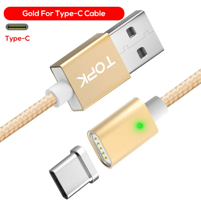 TOPK F-Line Магнитный кабель usb type C 5 в 2.4A нейлоновый Плетеный Светодиодный индикатор USB C магнитное зарядное устройство, кабель для телефонов usb type-C - Цвет: Gold Cable