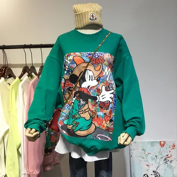 

Spring New Cartoon Graffiti Printed Mickey Mid-Length Loose Pullover Shirt Tops Student Plus-sized Sweatshirt Women's Hoodies