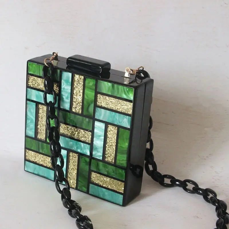 THINKTHENDO Women Patchwork Square Clutch Evening Bag Bridal Party Lady Acrylic Handbag