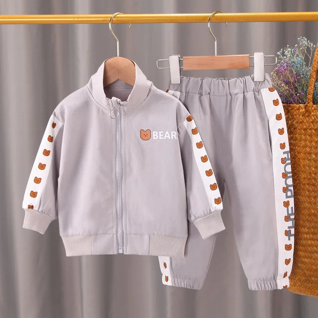 Spring Autumn Baby Boys Girls Casual Clothes Infant Kids Jacket T Shirt Pants Toddler Fashion Costume Children Letter Tracksuits Gray4