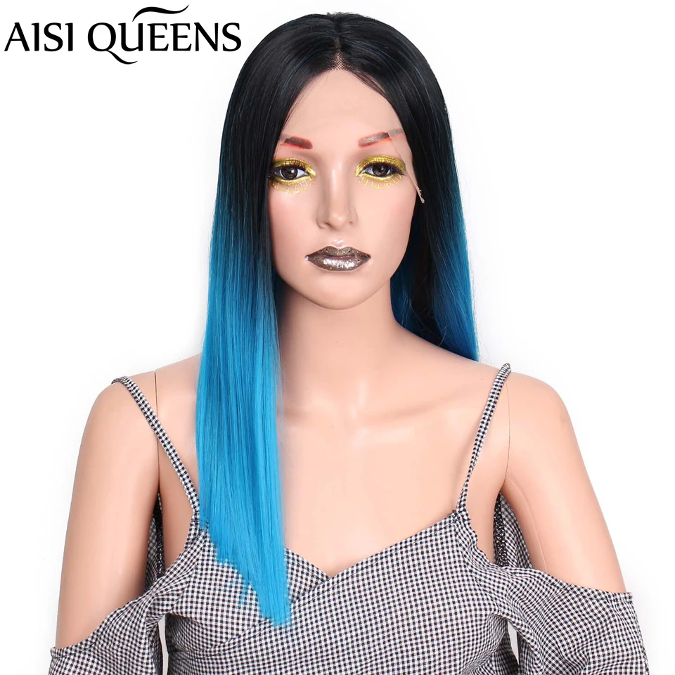 AISI QUEENS синтетические кружевные парики для женщин, распродажа, Омбре, черные, синие прямые волосы, средняя часть, кружевные передние парики, термостойкие волосы
