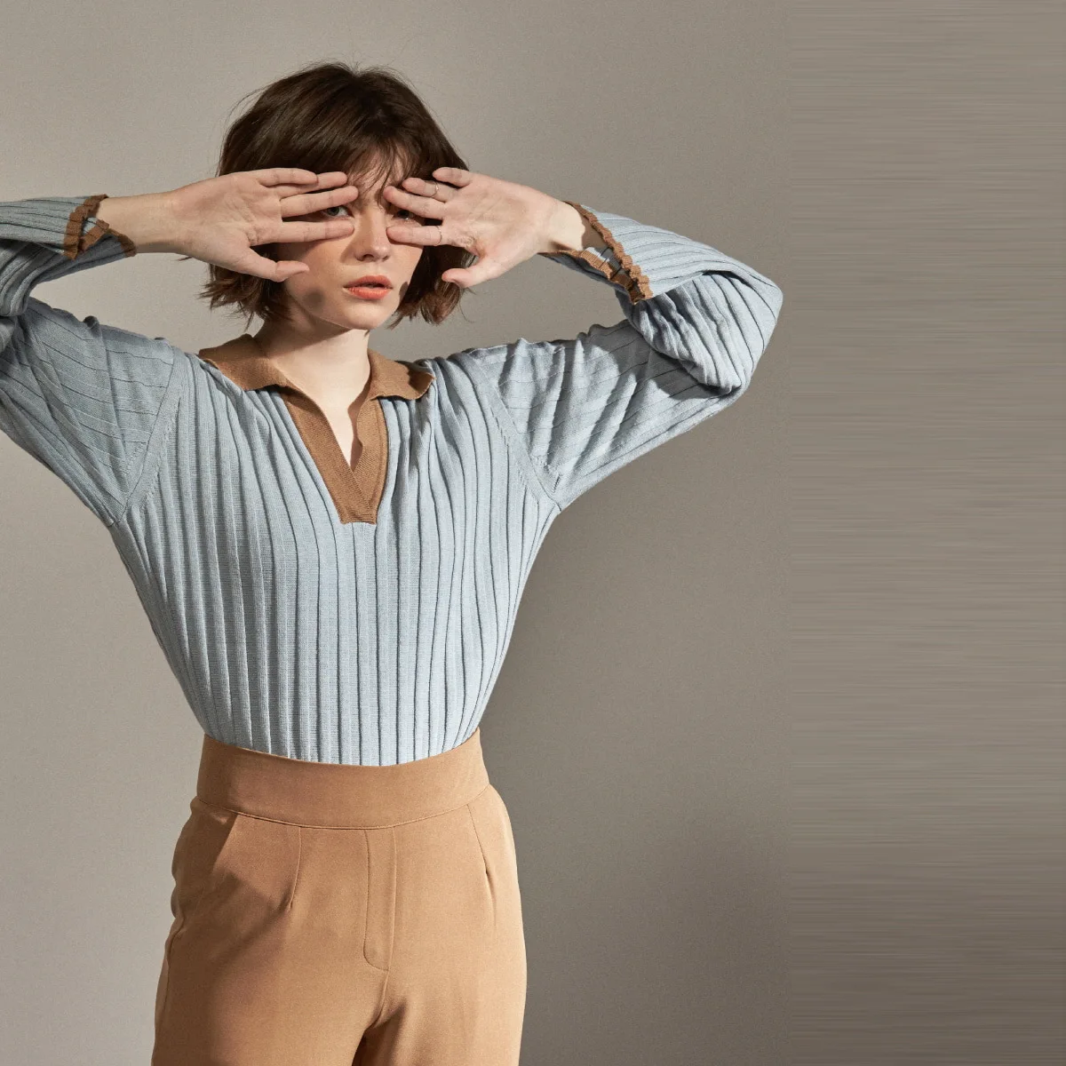 

Best Selling Sweet Blue Gray V-shaped Lapel Contrast Stitching Loose Cuff Striped Sweater 2019 Pullovers Clothes Sweater Women