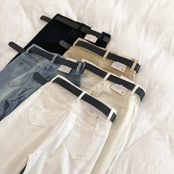 

Straight Jeans Women Solid Vintage Jeans Sashes Casual High Waist Jeans Plus Size Mom Boyfriends Jeans 2020 Denim Pants Whit