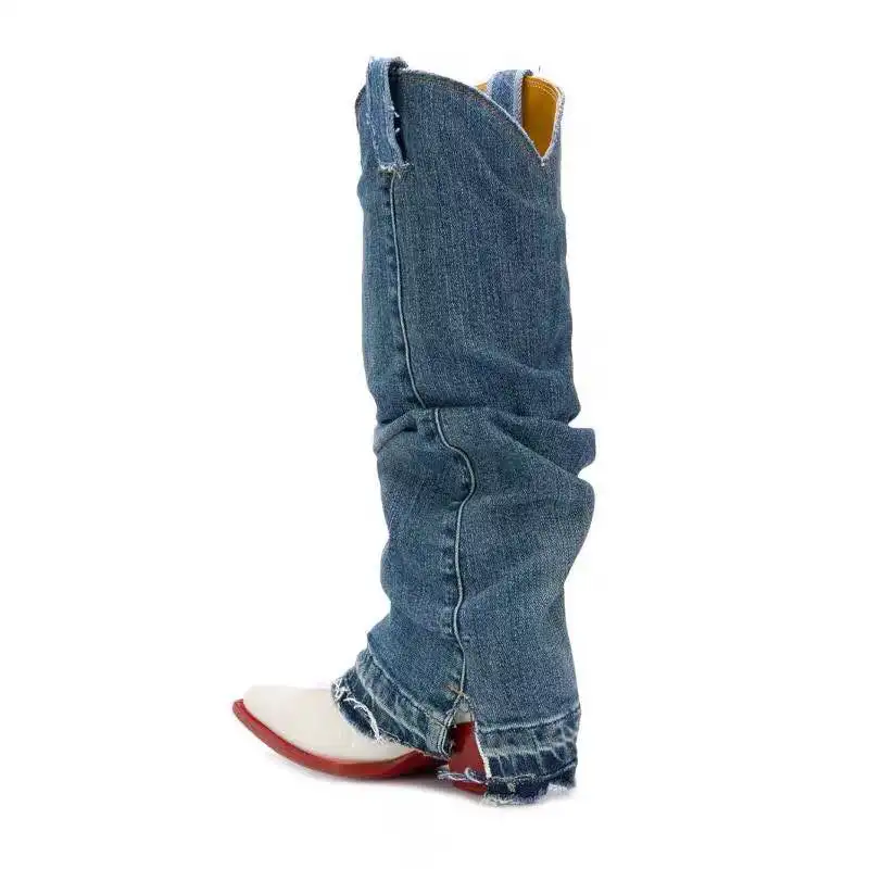Женские синие ботинки из джинсовой ткани; ковбойские ботинки из натуральной кожи; осенние ботинки в жокейском стиле на не сужающемся книзу высоком массивном каблуке 7 см; botas Mujer