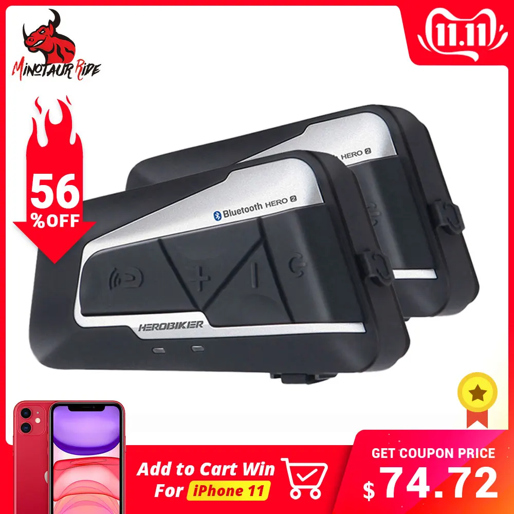 HEROBIKER Motorcycle Helmet Intercom Waterproof Wireless Bluetooth Intercom Motorcycle Headset Interphone for 2 Rides 1200M 2set