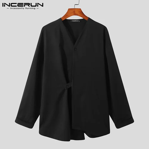 INCERUN 남성용 V넥 긴팔 셔츠, 단색 스트리트웨어, 한국 캐주얼 불규칙 셔츠, 2023 버튼, 루즈 캐미사, 패션 5