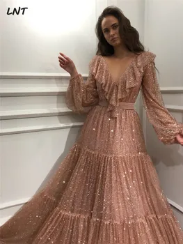 

Ruffled V Neck Glitter Long Evening Gowns Full Sleeves Sparkle Pageant Dresses Formal Wear
