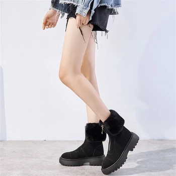 

JIANBUDAN/ Cow suede Plush snow boots Women's casual short boots Platform fashionable warm cotton shoes high top boots 35-40