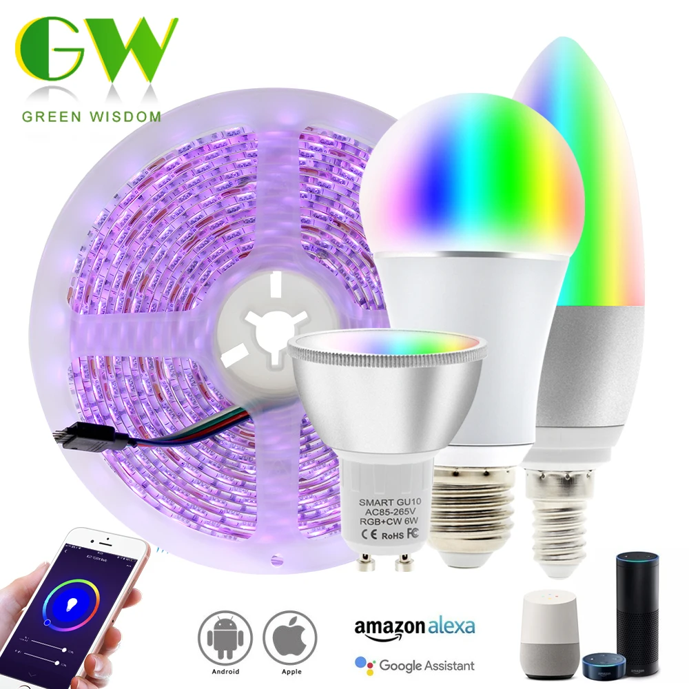 

Smart WiFi Light Bulb RGB E27 E14 LED Lamp APP Voice Control Dimmable Bulbs WIFI RGB LED Strip Set Work with Amazon Alexa Google
