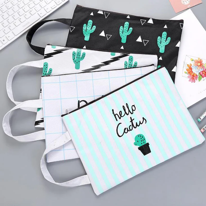 

1 Pcs Kawaii A4 Plant Green Cactus Oxford Cloth Document Bags File Floder Grid Stripes Zipper Storage Organzier Gift Stationery