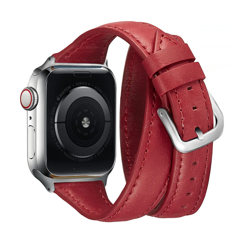 Двойной круглый кожаный ремешок для Apple Watch серии 5 4 3 2 1 многослойный браслет для iWatch 40 мм 44 мм 38 мм 42 мм наручный ремень - Цвет ремешка: Red