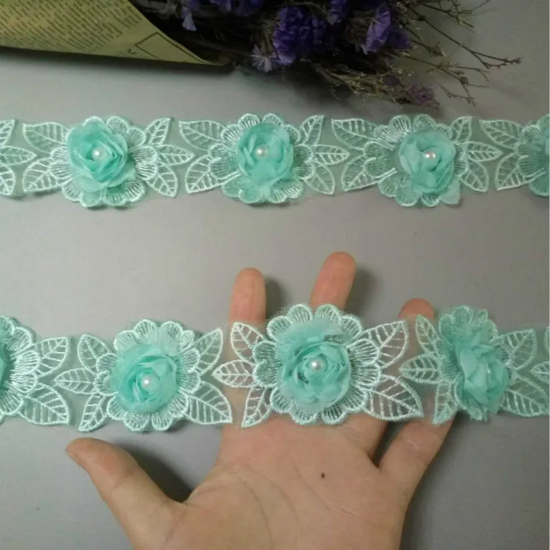 

2 Yard Soluble Green Rose Flower Pearl Chiffon Embroidered Lace Trim Ribbon Fabric Handmade Vintage Wedding Dress Sewing Craft
